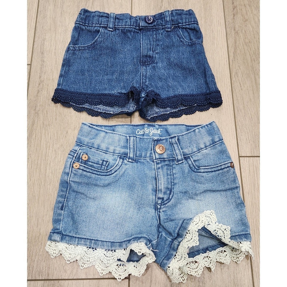 Girls Denim Shorts Lot Cat &‎ Jack Garanimals Blue White Lace Trim Size 2T/ 3T